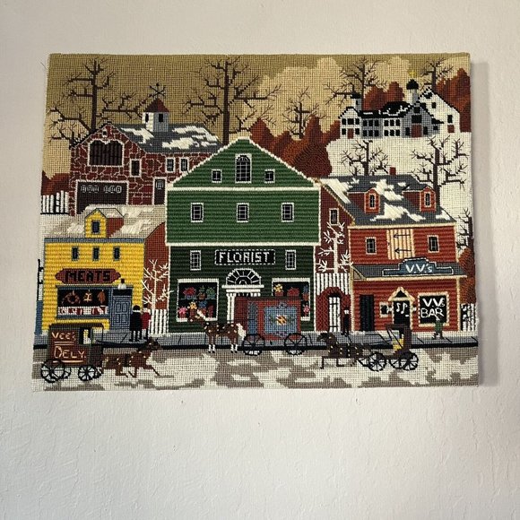 Vintage 1984 Main Street Store Front Needlepoint Handmade Cross Stitch Completed - Picture 2 of 16